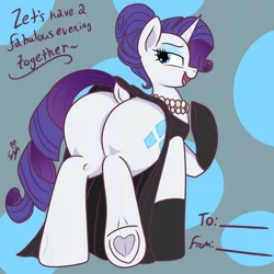 Size: 3000x3000 | Tagged: suggestive, artist:erynerikard, derpibooru import, rarity, pony, unicorn, bedroom eyes, butt, clothes, dock, dress, evening gloves, female, gloves, heart, heart eyes, heart hoof, hearts and hooves day, image, jewelry, long gloves, looking back, mare, necklace, open mouth, open smile, plot, png, presenting, raised leg, rear view, smiling, solo, solo female, tail, underhoof, valentine's day card, wingding eyes