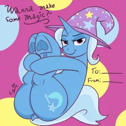 Size: 3000x3000 | Tagged: suggestive, artist:erynerikard, derpibooru import, trixie, pony, unicorn, bedroom eyes, butt, clothes, dock, female, hat, heart, heart eyes, heart hoof, hearts and hooves day, image, innuendo, legs in air, looking at you, mare, plot, png, smiling, smirk, solo, solo female, tail, trixie's hat, underhoof, valentine's day card, wingding eyes