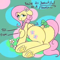 Size: 3000x3000 | Tagged: suggestive, artist:erynerikard, derpibooru import, fluttershy, pegasus, pony, alternate hairstyle, blushing, bow, butt, clothes, dock, female, flower, flower in hair, heart, heart hoof, hearts and hooves day, image, looking at you, looking back, looking back at you, mare, plot, png, presenting, rear view, smiling, solo, solo female, tail, tail bow, underhoof, valentine's day card
