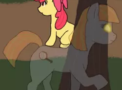 Size: 292x215 | Tagged: safe, artist:fangasmic, derpibooru import, edit, apple bloom, oc, oc:ruby, oc:ruby (story of the blanks), earth pony, ghost, ghost pony, pony, undead, story of the blanks, bow, cropped, everfree forest, female, filly, foal, forest, glow, glowing eyes, hair bow, image, magnifying glass, mare, png, raised hoof, sitting, tree, youtube link