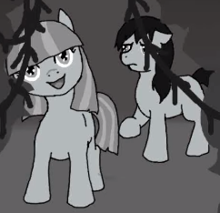 Size: 242x234 | Tagged: safe, artist:fangasmic, derpibooru import, edit, oc, oc:mitta, oc:ruby, oc:ruby (story of the blanks), unofficial characters only, earth pony, pony, story of the blanks, black and white, cropped, everfree forest, female, flashback, floppy ears, grayscale, image, mare, monochrome, png, raised hoof, sad, smiling, youtube link