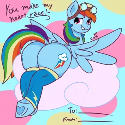 Size: 3000x3000 | Tagged: suggestive, artist:erynerikard, derpibooru import, rainbow dash, pegasus, pony, butt, cloud, dock, female, goggles on head, grin, heart, heart hoof, hearts and hooves day, image, legwear, looking back, mare, on a cloud, plot, png, presenting, rainbutt dash, rear view, smiling, solo, solo female, spread wings, tail, underhoof, valentine's day card, wings
