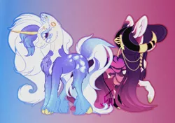 Size: 3463x2438 | Tagged: safe, artist:faunahoof, derpibooru import, oc, oc:blizzard solstice, oc:tyrian eventide, unofficial characters only, earth pony, pony, unicorn, colored hooves, curled horns, derpibooru exclusive, duo, duo female, ear fluff, ear piercing, earring, earth pony oc, facing away, female, goat horns, gold hooves, gradient background, gradient mane, hair over one eye, hooves, horn, horns, image, jewelry, leopard print, lipstick, long mane, long tail, looking at you, piercing, png, regalia, siblings, sisters, stripes, tiger stripes, unicorn oc, unshorn fetlocks, yellow eyes, yellow sclera