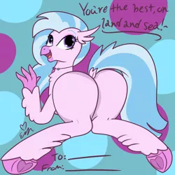 Size: 3000x3000 | Tagged: suggestive, artist:erynerikard, derpibooru import, silverstream, hippogriff, butt, dock, female, heart, heart eyes, heart hoof, hearts and hooves day, image, jewelry, looking back, necklace, open mouth, open smile, plot, png, presenting, rear view, smiling, solo, solo female, streambutt, tail, underhoof, valentine's day card, wingding eyes