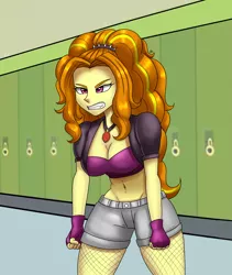 Size: 1600x1900 | Tagged: suggestive, artist:zachc, derpibooru import, adagio dazzle, equestria girls, angry, belly button, breasts, canterlot high, cleavage, clothes, commission, commissioner:iv's, denim, denim shorts, female, fingerless gloves, fishnets, gem, gloves, image, png, shorts, siren gem, solo