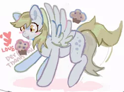 Size: 933x695 | Tagged: safe, artist:cupidmotel, derpibooru import, derpy hooves, pegasus, pony, derp, female, food, heart, image, jpeg, mare, muffin, raised hoof, simple background, solo, spread wings, tail, tail wag, white background, wings