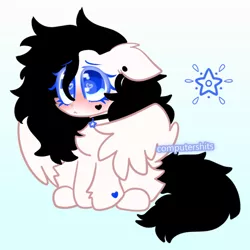 Size: 700x700 | Tagged: safe, artist:computershits, derpibooru import, oc, oc:ocean eyes, unofficial characters only, pegasus, pony, :<, black hair, black mane, blue background, blue eyes, blushing, chest fluff, choker, cutie mark, cyan background, ear fluff, ear piercing, earring, eyelashes, eyeliner, female, floppy ears, fluffy, folded wings, gradient background, hoof heart, image, jewelry, looking up, makeup, piercing, pleading, png, simple background, sitting, solo, stars, white fur, wings