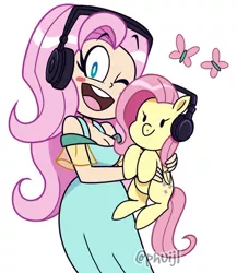 Size: 600x691 | Tagged: safe, artist:phuijl, derpibooru import, fluttershy, human, pegasus, pony, 2021, breasts, busty fluttershy, commission, female, flutterchan, headphones, holding a pony, human ponidox, image, jpeg, mare, one eye closed, open mouth, open smile, self paradox, self ponidox, simple background, smiling, white background