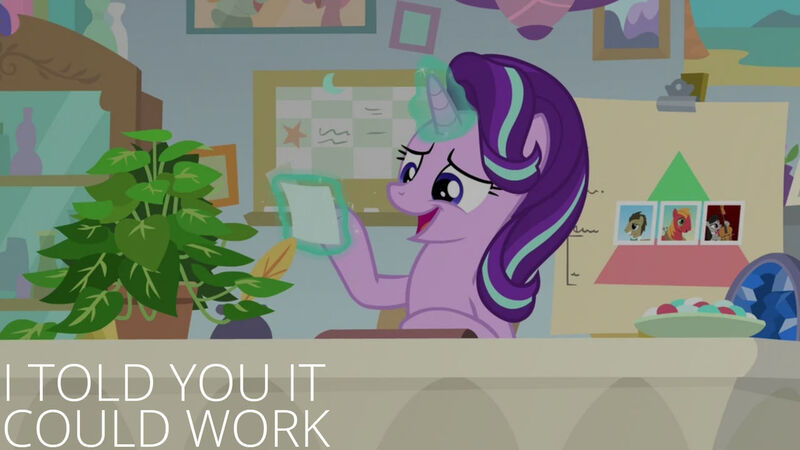 Size: 1280x720 | Tagged: safe, derpibooru import, edit, edited screencap, editor:quoterific, screencap, phyllis, starlight glimmer, pony, unicorn, a horse shoe-in, season 9, spoiler:s09, duo, female, image, jpeg, magic, mare, open mouth, open smile, school of friendship, smiling, telekinesis, text