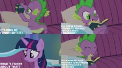 Size: 1280x720 | Tagged: safe, derpibooru import, edit, edited screencap, editor:quoterific, screencap, spike, twilight sparkle, twilight sparkle (alicorn), alicorn, dragon, pony, amending fences, season 5, ^^, book, cute, duo, eyes closed, female, image, jpeg, male, mare, open mouth, open smile, smiling, spikabetes, text