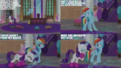 Size: 1280x720 | Tagged: safe, derpibooru import, edit, edited screencap, editor:quoterific, screencap, rainbow dash, rarity, pegasus, pony, unicorn, season 8, the end in friend, spoiler:s08, duo, eyes closed, female, flying, image, jpeg, magic, mare, open mouth, open smile, smiling, spread wings, telekinesis, text, wings