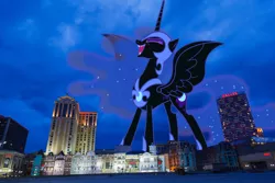 Size: 3800x2533 | Tagged: safe, artist:drakizora, artist:thegiantponyfan, derpibooru import, nightmare moon, alicorn, pony, atlantic city, eyes closed, female, giant alicorn, giant nightmare moon, giant pony, giantess, high res, highrise ponies, image, irl, macro, mare, mega giant, mega nightmare moon, new jersey, night, open mouth, photo, png, ponies in real life