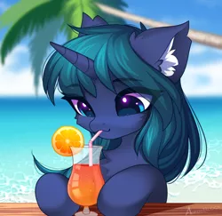 Size: 2342x2272 | Tagged: safe, artist:airiniblock, derpibooru import, oc, oc:arclight, unofficial characters only, pony, unicorn, alcohol, cocktail, commission, drink, ear fluff, food, horn, icon, image, ocean, orange, png, solo, unicorn oc, water, ych result