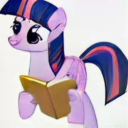 Size: 256x256 | Tagged: safe, dall·e mini, derpibooru import, machine learning generated, twilight sparkle, pony, book, bookhorse, female, image, jpeg, mare, reading, simple background, smiling, solo