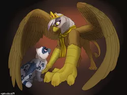 Size: 2000x1500 | Tagged: safe, artist:backlash91, derpibooru import, gilda, oc, gryphon, fanfic:the 8th rank, brooch, chickub, clothes, crown, folded wings, image, jewelry, looking down, looking up, paws, png, princess gilda, regalia, sad, scarf, spread wings, story included, talons, teary eyes, wings