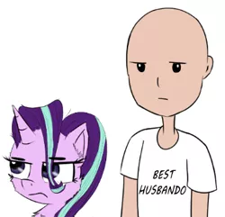 Size: 362x349 | Tagged: safe, artist:chopsticks, derpibooru import, edit, starlight glimmer, oc, oc:richard, human, pony, unicorn, clothes, cropped, female, frown, image, male, mare, png, shirt, simple background, starlight glimmer is not amused, text, unamused, white background