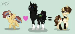 Size: 4251x1940 | Tagged: safe, artist:xcosmicghostx, derpibooru import, oc, unofficial characters only, pegasus, pony, unicorn, green background, horn, image, parents:oc x oc, pegasus oc, png, signature, simple background, unicorn oc, unshorn fetlocks, wings