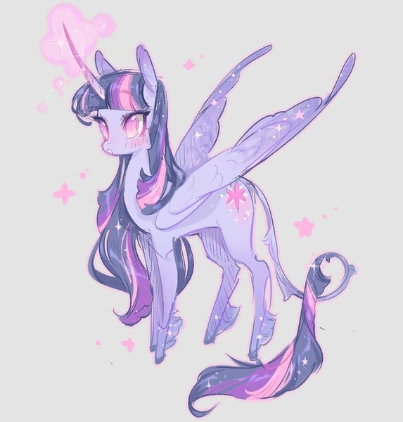 Size: 985x1032 | Tagged: safe, artist:costly, derpibooru import, twilight sparkle, twilight sparkle (alicorn), alicorn, pony, female, glow, glowing horn, gray background, horn, image, jpeg, leonine tail, magic, magic aura, mare, simple background, solo, tail, wings