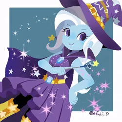 Size: 766x766 | Tagged: safe, artist:efuji_d, derpibooru import, trixie, equestria girls, brooch, cape, clothes, female, hand on hip, hat, image, jewelry, jpeg, simple background, skirt, smiling, solo, stars, trixie's brooch, trixie's cape, trixie's hat, white background