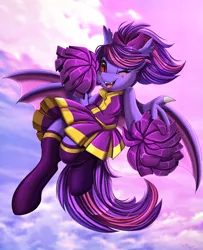 Size: 2850x3509 | Tagged: safe, artist:pridark, derpibooru import, oc, unofficial characters only, bat pony, pony, bat pony oc, bat wings, cheerleader, cheerleader outfit, clothes, commission, female, high res, image, one eye closed, open mouth, png, pom pom, skirt, solo, wings, wink