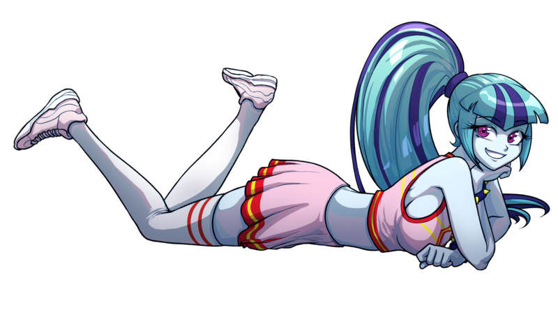 Size: 3042x1690 | Tagged: safe, artist:rileyav, derpibooru import, sonata dusk, equestria girls, rainbow rocks, adorasexy, bracelet, breasts, cheerleader outfit, clothes, commission, cute, female, image, jewelry, looking at you, lying down, midriff, png, ponytail, sexy, shoes, sideboob, simple background, skirt, smiling, sneakers, socks, solo, sonatabetes, spiked wristband, sports bra, sports shoes, thigh highs, transparent background, underwear, wristband, zettai ryouiki