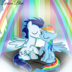 Size: 720x720 | Tagged: safe, artist:mlplary6, derpibooru import, rainbow dash, soarin', pegasus, pony, eyes closed, female, image, kissing, male, mare, png, rock, shipping, soarindash, stallion, straight, winsome falls