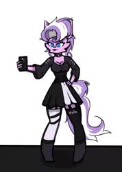 Size: 2302x3240 | Tagged: safe, artist:toxinagraphica, derpibooru import, diamond tiara, anthro, pony, unguligrade anthro, :3, :p, alternate hairstyle, blouse, breasts, cheek fluff, clothes, collar, corset, ear fluff, eyelashes, eyeshadow, female, fluffy, high res, image, makeup, mare, mobile phone, phone, png, shoes, signature, skirt, smartphone, smiling, socks, solo, stockings, suspenders, text, thigh highs, tongue out