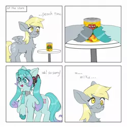 Size: 1200x1200 | Tagged: safe, artist:exxi00, derpibooru import, derpy hooves, ponified, earth pony, pegasus, pony, anime, canned food, comic, dialogue, duo, female, food, hatsune miku, headphones, image, jpeg, lesbian, necktie, peach, vocaloid