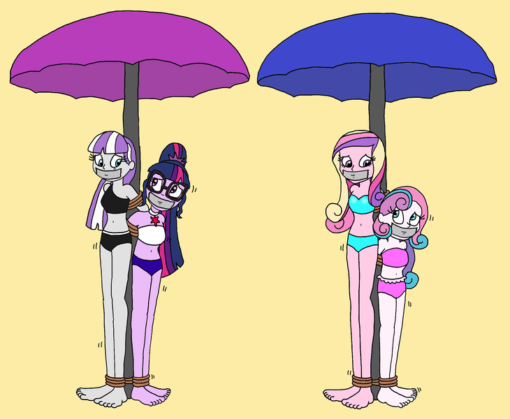 Size: 2101x1728 | Tagged: safe, artist:bugssonicx, derpibooru import, princess cadance, princess flurry heart, sci-twi, twilight sparkle, twilight velvet, equestria girls, barefoot, beach, beach umbrella, bikini, bondage, bound and gagged, clothes, dean cadance, feet, gag, image, png, rope, rope bondage, swimsuit, tape, tape gag, umbrella