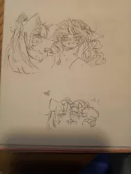 Size: 1560x2080 | Tagged: safe, artist:sugarcloud59, derpibooru import, oc, unofficial characters only, pony, unicorn, blushing, cross-popping veins, female, flower, image, jpeg, kissing, lesbian, oc x oc, photo, shipping, sketch, traditional art