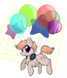 Size: 1578x1833 | Tagged: safe, artist:fatiguealope, derpibooru import, oc, oc:cookie malou, unofficial characters only, earth pony, pony, abstract background, balloon, female, floating, headphones, image, jpeg, solo