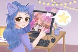 Size: 3000x2000 | Tagged: safe, artist:saltyvity, derpibooru import, oc, human, anime style, book, cute, floppy ears, genshin impact, humanized, image, long hair, pc, pc game, peace sign, pencil, pink background, png, simple background, solo, stars, table, yellow eyes