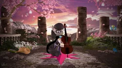 Size: 3840x2160 | Tagged: safe, artist:laylahorizonsfm, derpibooru import, octavia melody, earth pony, pony, 3d, background pony, bipedal, cello, cherry blossoms, clothes, cutie mark, female, flower, flower blossom, image, musical instrument, png, scenery, solo, solo female, source filmmaker, twilight's cutie mark
