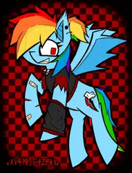 Size: 1222x1600 | Tagged: safe, artist:xxv4mp_g4z3rxx, derpibooru import, rainbow dash, bat pony, pony, alternate cutie mark, alternate design, alternate hairstyle, arm warmers, bandage, checkered background, clothes, ear piercing, fangs, female, hoodie, image, injured, kinsona, multicolored hair, piercing, png, ponytail, rainbow hair, rainbow tail, red eyes, solo, solo female, species swap, tail