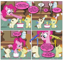 Size: 868x834 | Tagged: safe, artist:dziadek1990, derpibooru import, edit, edited screencap, screencap, pinkie pie, pound cake, pumpkin cake, baby cakes, cake, cartoon physics, comic, conversation, dialogue, food, image, pinkie being pinkie, png, screencap comic, text