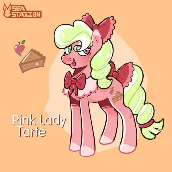 Size: 2000x2000 | Tagged: safe, artist:seasemissary, derpibooru import, oc, oc:pink lady tarte, earth pony, pony, bow, female, image, mare, offspring, parent:big macintosh, parent:sugar belle, parents:sugarmac, png, solo, tail, tail bow