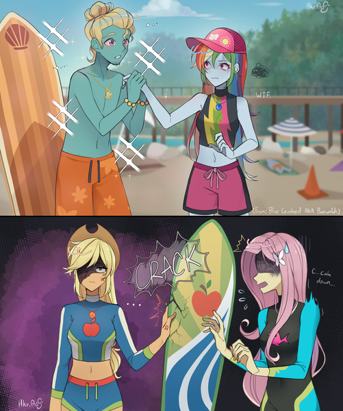 Size: 2924x3500 | Tagged: safe, artist:hikari_aoq, derpibooru import, applejack, fluttershy, rainbow dash, zephyr breeze, blue crushed, equestria girls, equestria girls series, ..., 2 panel comic, beach, clothes, comic, crack, cross-popping veins, female, geode of super speed, geode of super strength, high res, holding hands, image, implied appledash, implied lesbian, implied shipping, jpeg, magical geodes, male, surfboard, swimsuit, wetsuit, wtf