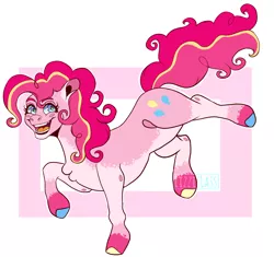 Size: 1700x1600 | Tagged: safe, artist:lizzielass, edit, editor:edits of hate, pinkie pie, earth pony, pony, alternate design, coat markings, colored hooves, female, image, mare, multicolored hair, open smile, png, simple background, solo, standing, standing on one leg, twitterina design
