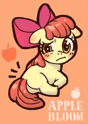 Size: 550x776 | Tagged: safe, artist:yanamosuda, derpibooru import, apple bloom, earth pony, pony, bloom butt, blushing, butt, female, filly, foal, image, jpeg, orange background, simple background, solo