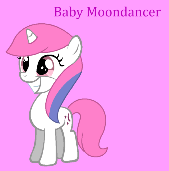 Size: 891x901 | Tagged: safe, artist:jigglewiggleinthepigglywiggle, derpibooru import, baby moondancer, pony, unicorn, baby, baby dancerbetes, baby moondancer is a queen, baby pony, cute, female, filly, foal, full body, g1, g1 to g4, g4, generation leap, grin, hooves, image, multicolored hair, multicolored mane, pink background, pink eyes, pink tail, pink text, png, simple background, slasher smile, smiling, solo, standing, tail