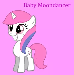 Size: 891x901 | Tagged: safe, artist:jigglewiggleinthepigglywiggle, derpibooru import, baby moondancer, pony, unicorn, baby, baby dancerbetes, baby moondancer is a queen, baby pony, cute, female, filly, foal, full body, g1, g1 to g4, g4, generation leap, grin, hooves, image, multicolored hair, multicolored mane, pink background, pink eyes, pink tail, pink text, png, simple background, slasher smile, smiling, solo, standing, tail