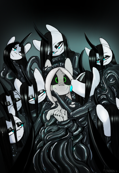 Size: 3040x4420 | Tagged: questionable, artist:tenenbris, derpibooru import, oc, oc:culpa, oc:mercy, anthro, robot, unicorn, black sclera, eyeshadow, image, imminent sex, latex, licking, makeup, png, tentacles, tongue out