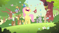 Size: 1280x720 | Tagged: safe, derpibooru import, screencap, fluttershy, butterfly, insect, pegasus, pony, rabbit, season 1, the cutie mark chronicles, animal, cute, eyes closed, female, filly, filly fluttershy, foal, funny, funny as hell, hilarious, image, jpeg, nose in the air, open mouth, shyabetes, singing, smiling, so many wonders, uvula, volumetric mouth, younger