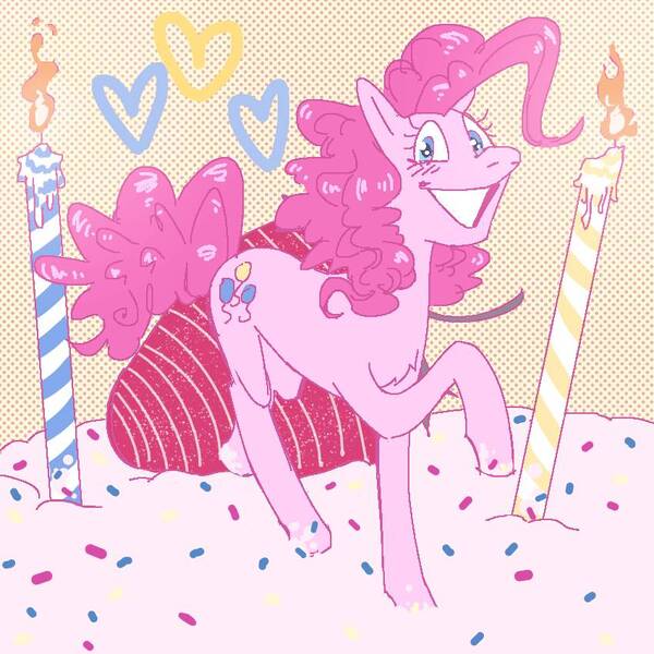 Size: 850x850 | Tagged: safe, artist:4lph4m4ge, pinkie pie, earth pony, pony, cake, candle, female, food, heart, image, jpeg, looking at you, mare, raised hoof, smiling, smiling at you, solo, sprinkles