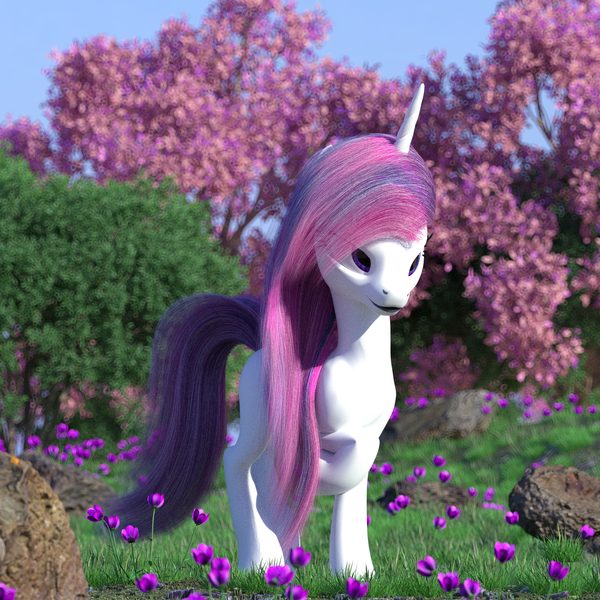 Size: 2560x2560 | Tagged: safe, artist:thelunagames, derpibooru import, lightning bolt, white lightning, oc, pony, unicorn, 3d, cinema 4d, flower, horn, image, png, rock, solo, tree