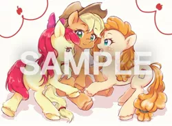 Size: 800x587 | Tagged: safe, artist:moh_mlp2, derpibooru import, apple bloom, applejack, pear butter, earth pony, pony, blushing, female, filly, foal, image, jpeg, mare, mother and child, mother and daughter, parent and child, sample