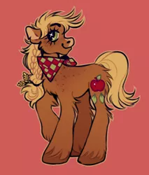 Size: 400x470 | Tagged: safe, artist:deadmouseseverywhere, applejack, earth pony, pony, alternate cutie mark, alternate design, bandana, braid, butt fluff, facial markings, female, freckles, image, mare, png, profile, raised hoof, red background, simple background, smiling, snip (coat marking), solo, unshorn fetlocks