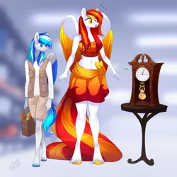 Size: 1200x1200 | Tagged: safe, artist:scarlet-spectrum, derpibooru import, oc, oc:diamond sun, oc:hawker hurricane, anthro, pegasus, unguligrade anthro, anthro oc, clothes, colored wings, commission, female, grandfather clock, image, long hair, long mane, long tail, male, pegasus oc, png, sarong, size difference, tail, unshorn fetlocks, wings