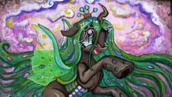 Size: 5902x3319 | Tagged: safe, artist:larvaecandy, derpibooru import, queen chrysalis, changeling, changeling queen, absurd file size, album cover, female, image, png, solo, vylet pony