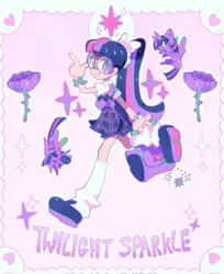 Size: 1673x2048 | Tagged: safe, artist:starrysharks, edit, editor:edits of hate, twilight sparkle, human, pony, bag, bangs, bracelet, clothes, cutie mark, female, flower, glasses, heart, human ponidox, humanized, image, jewelry, light skin, looking at you, png, ponytail, rose, school bag, self ponidox, shoes, skirt, socks, solo, sparkles, twilight sparkle's cutie mark